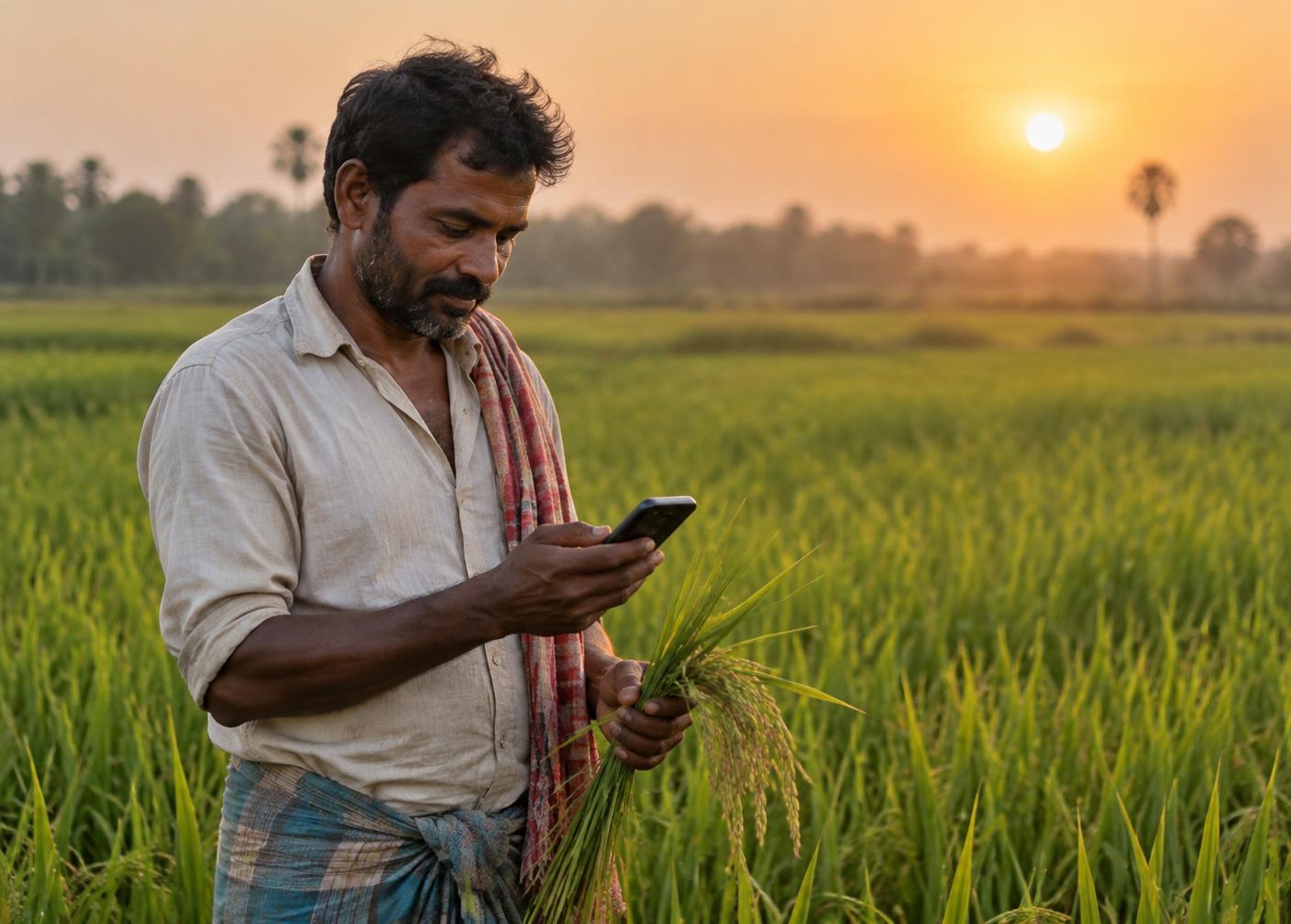 A smallholder farmer checking crop guidance on a mobile phone in a rice field